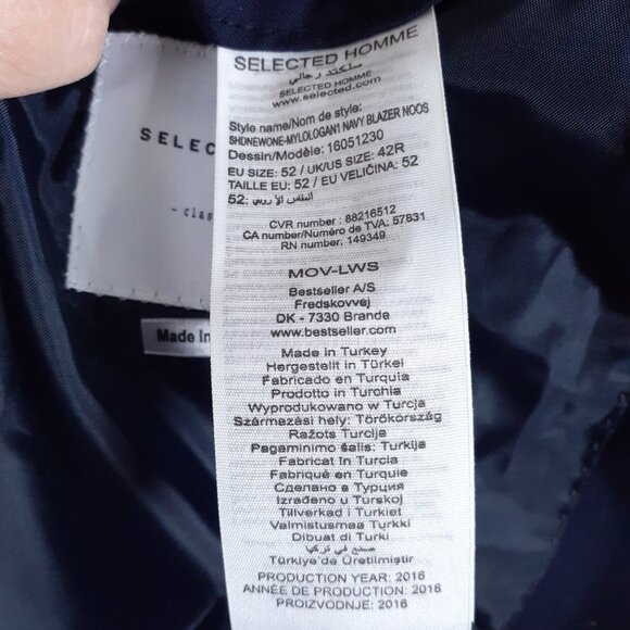 Selected Homme Mens Sport Coat Jacket Sz 42R Navy 221A - Picture 4 of 5